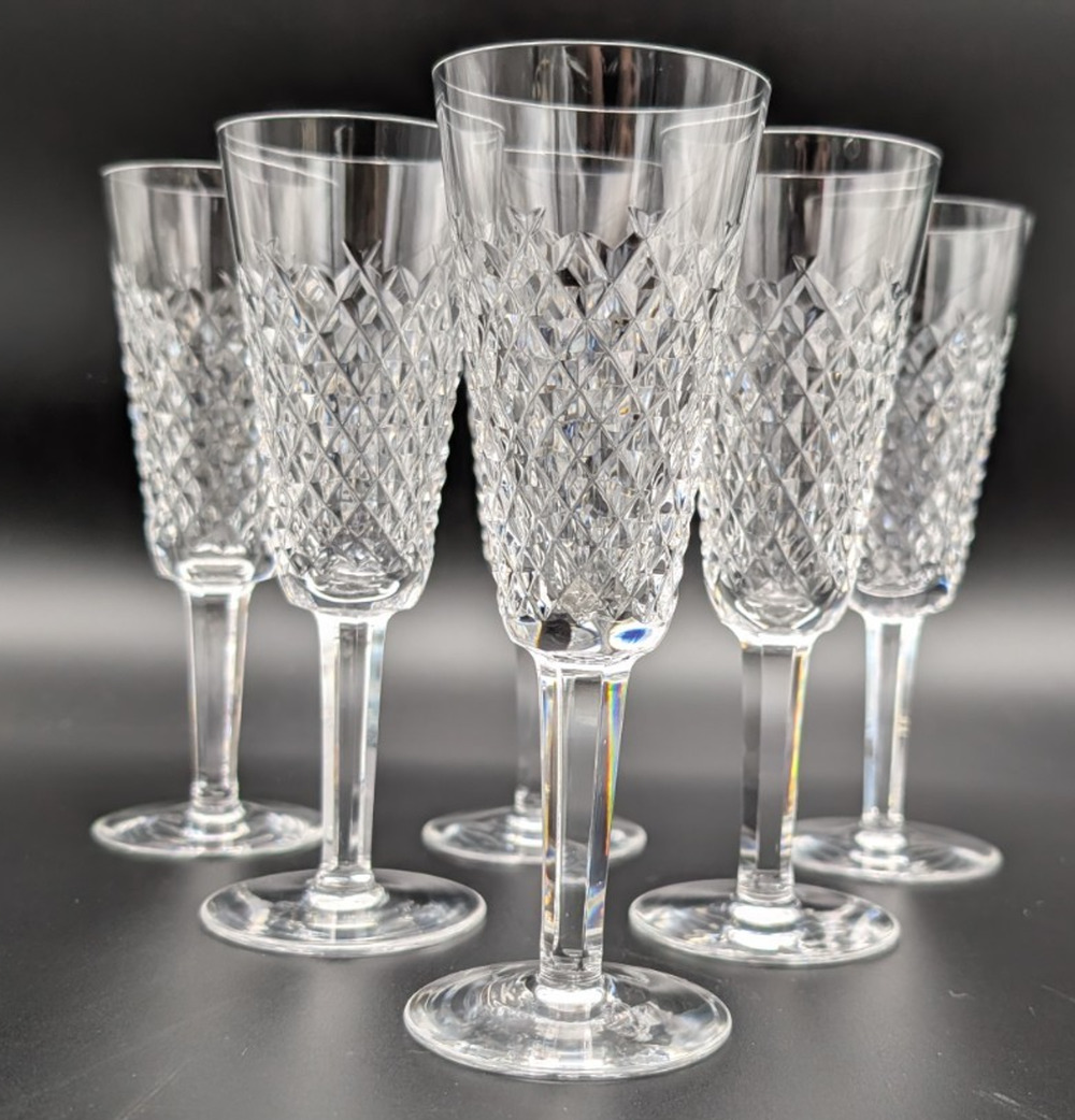Vintage Waterford Crystal Alana 7 3/8" Flutes Champagne Glasses Ireland Set of 6